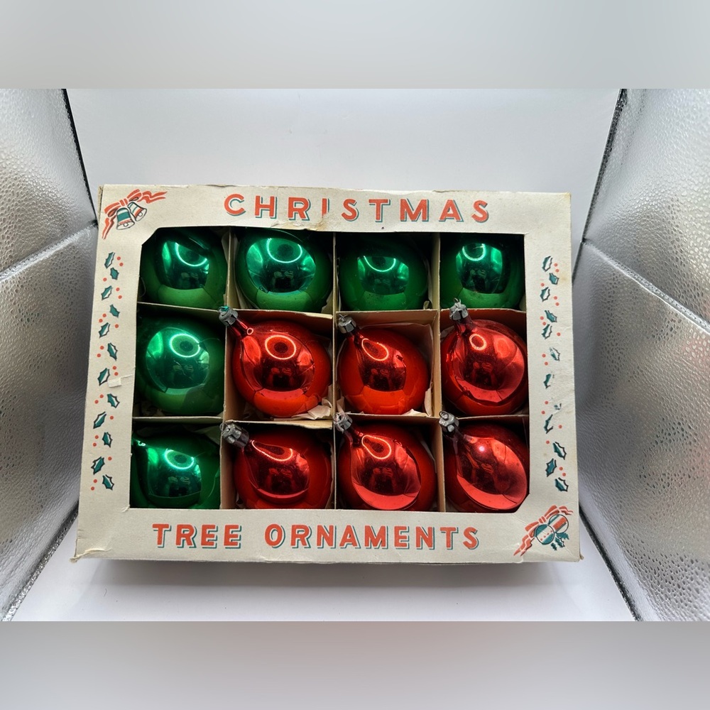 Set of twelve vintage glass teardrop shaped Christmas ornaments